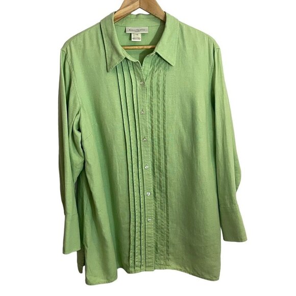 Susan Bristol 100% Linen Button Up Shirt Womens 12 L Green Blouse Mature EUC - Picture 1 of 13